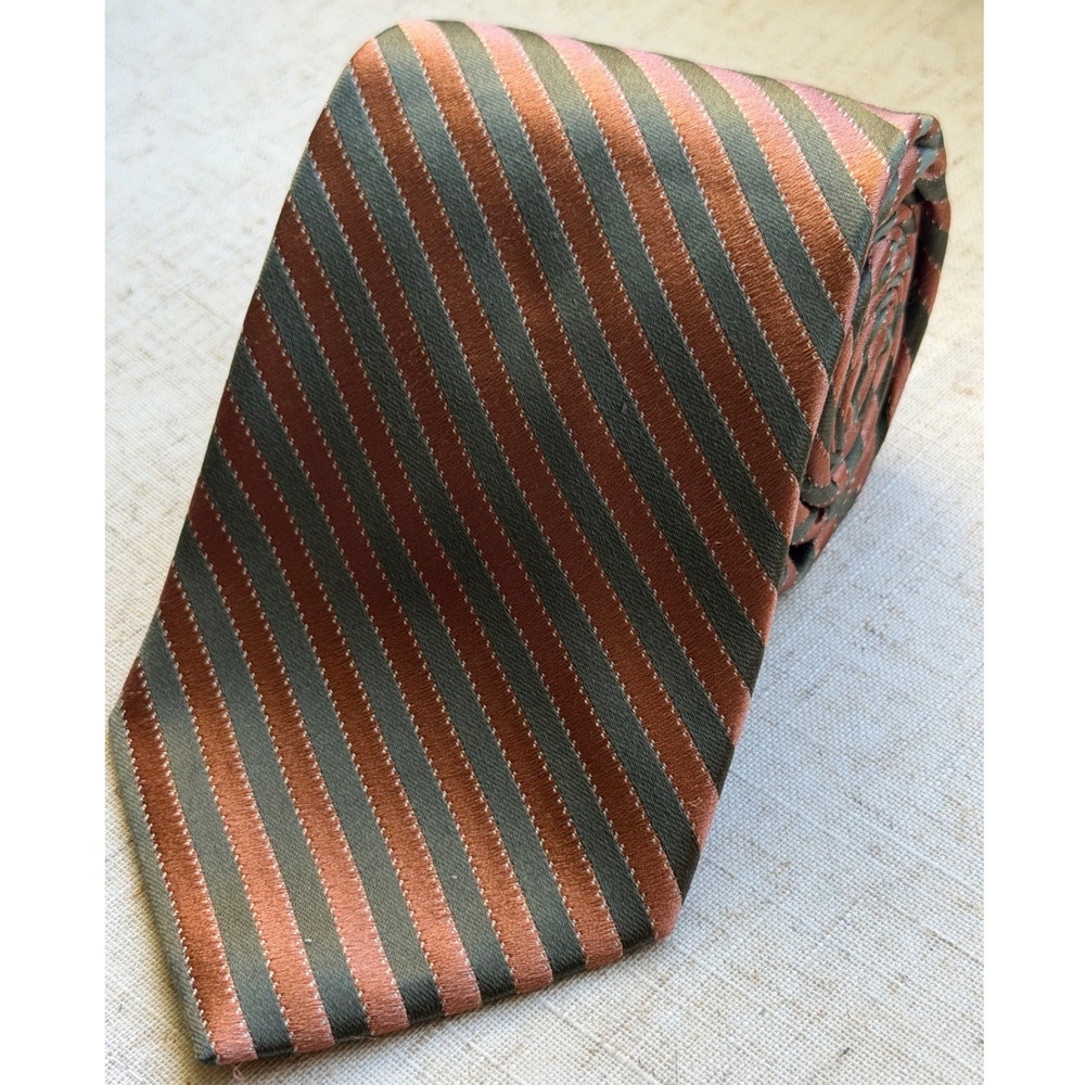 Calvin Klein Mens Silk Tie Copper Olive Green Peach Striped Woven 0988